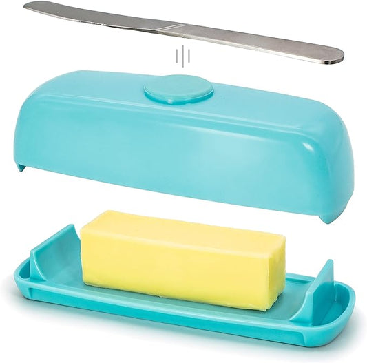 Butter Hub Butter Dish with Lid and Knife, Magnetic Butter Keeper, Easy Scoop, No Mess Lid, Plastic, Dishwasher Safe (Aqua)