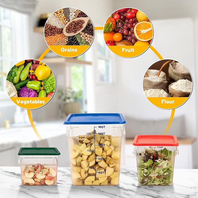 4 Pack Food Storage Containers, 12 Quart with Lids, Square Commercial Containers with Scale, NSF, Polycarbonate, Clear