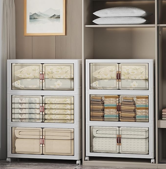 Extra Large Stackable Storage Bins with Lids & Wheels & Door, 960QT-160QT/40GAL*6Pack Foldable Collapsible Closet Organizers, Plastic containers drawers for bedroom Dorm