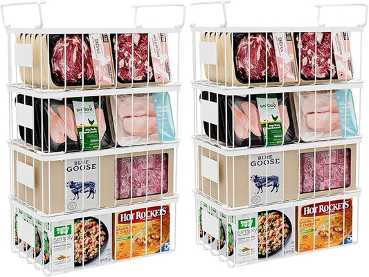 Freezer Organizer Bins -8 Pack Stackable Chest Freezer Organizer Baskets With Tag, For Kitchen, Cabinets, Cupboards, Counter Top, Freezer, Pantry. White