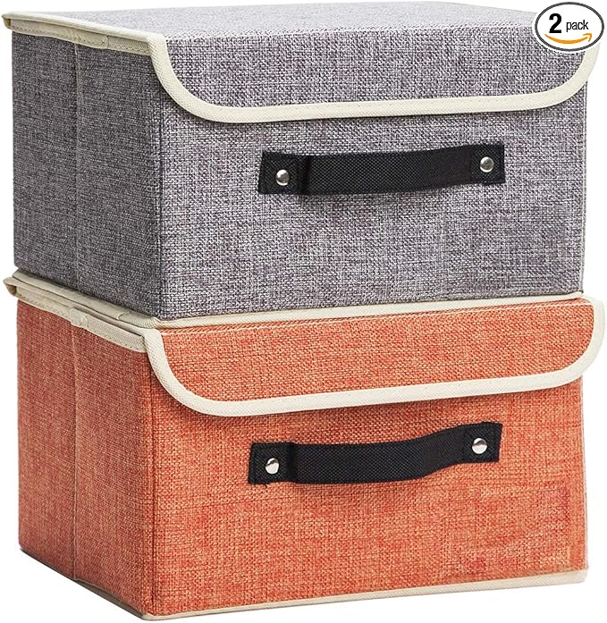 Small Storage Boxes with Lids 2 Pack Linen Collapsible Cube Storage Basket with Handle & Label, Jane's Home Foldable Fabric Storage bins for Shelf & Closet to storage Clothes & Toys