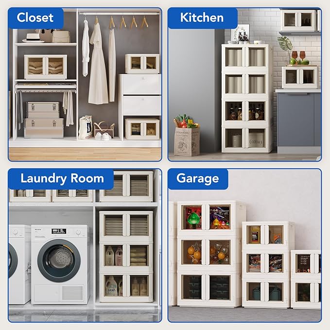 FLEXIMOUNTS 228 QT Stackable Storage Bins With Lids, Collapsible Plastic Storage Bins With Doors and Built-in Wheels For Home Dorm Closet Organizers and Storage, 3 Pack Cubes, Milky White