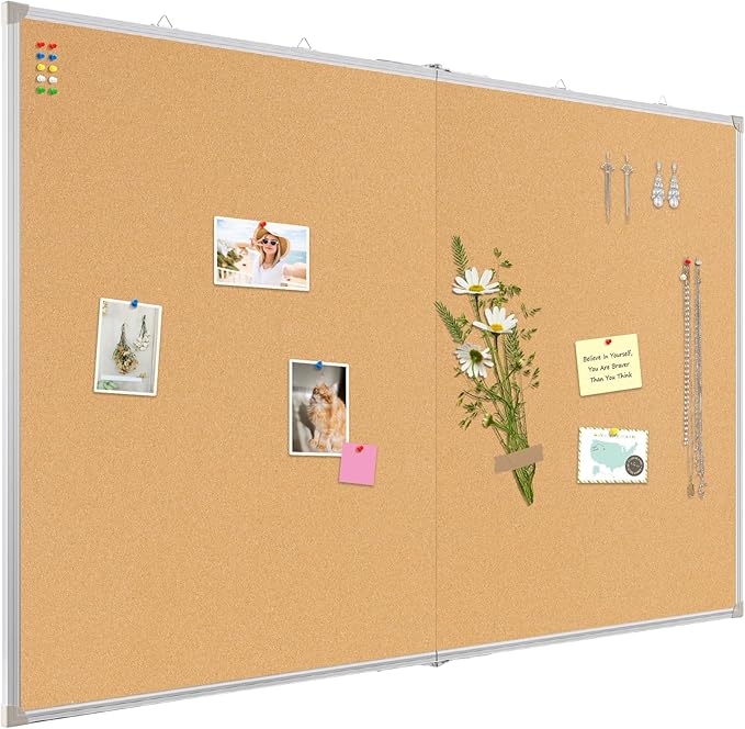 Double-Sided Large Cork Board, 60" x 40" Foldable Hanging Aluminum Framed Bulletin Board, Vision Board Pin Board Corkboards for Walls, Office, School Decor, 20 Pushpins
