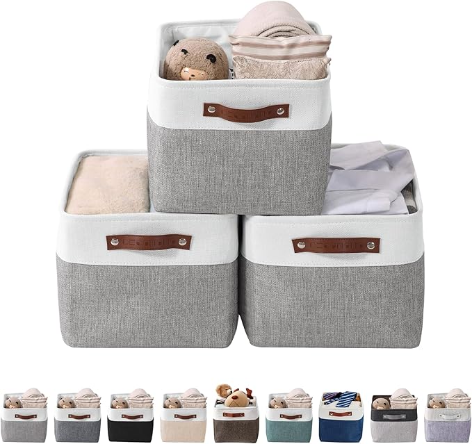 DECOMOMO Storage Baskets for Shelves - Fabric Storage Bins, Linen Closet Organizers and Storage (Grey & White, Large - 3 Pack)