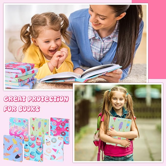 6 Pack Stretchable Book Cover Jumbo Fabric Book Covers Colorful Pattern Print Book Protector Washable Reusable Protective Textbook Cover for Hardcover Textbooks up to 9 x 11 Inch (Dessert Pattern)