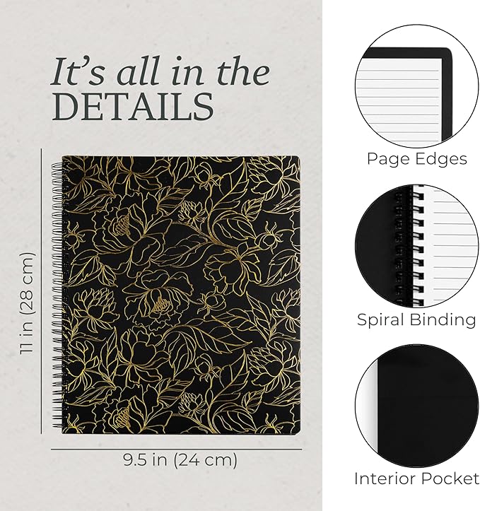 Steel Mill & Co Cute Large Spiral Notebook College Ruled, 11" x 9.5" with Durable Hardcover and 160 Lined Pages (Gold Floral)