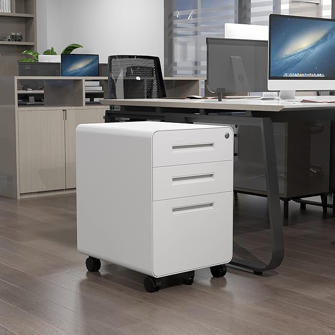 Letaya File Cabinet, 3 Drawer Filing Cabinets for Home Office with Lock Mobile Under Desk Fully Assembled Cabinet (White)