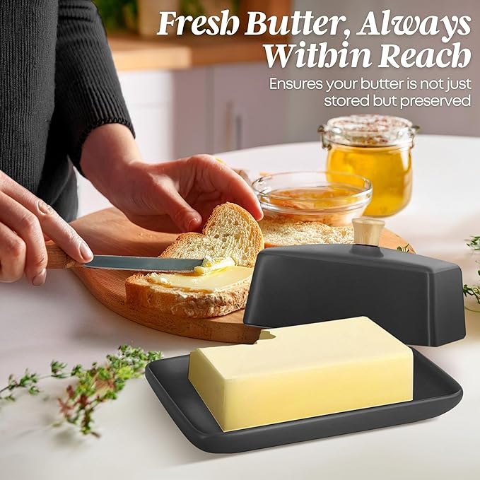 Flexzion Ceramic Gray European Butter Dish with Lid for Countertop (8 Inch) - Wide 2 Stick Double Butter Holder for Counter, Cream Cheese Container Storage Keeper
