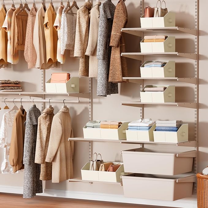 Clothes Organizers and Storage - Fabric Cube Bins with Handles, Storage Baskets for Shelves, Trapezoid Collapsible Boxes for Home, Dorm, Office, 10 Pack, Beige