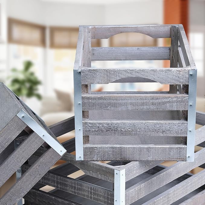 wald imports - Set of 3 Rustic Distressed Wooden Crates for Storage - Decorative Wooden Crate Set for Home Decoration & Display - Vintage Storage for Household Goods