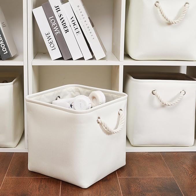 11 x 11 Inch Storage Cubes, 6 Pack Large Collapsible Fabric Storage Bin with Ropes, Foldable Storage Cubes for Home, Office,Closet, Clothes, Toys Organizer (White)