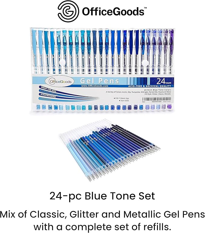 OfficeGoods Blue Gel Pens with Refills – Colored Adults Coloring Art – Medium 0.8-1.0mm Tips – Non-Toxic Gel Pens Set – Quick Dry Smudge-Free 24 Pack Colors