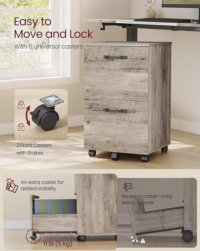 VASAGLE 2-Drawer File Cabinet, Small Rolling Filing Cabinet for Home Office, Printer Stand, for A4, Letter-Size Documents, 15.7 x 16.5 x 27.6 Inches, Heather Greige UOFC040LK02S