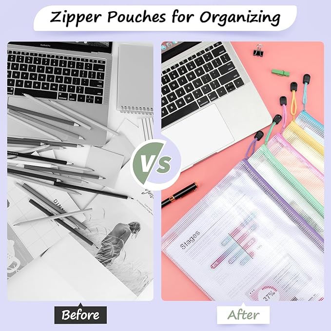 Smarpau 32PCS Mesh Zipper Pouch Bags, A4 Size 13.3" x 9.4" Zipper Pouches for Organizing, Large Waterproof Mesh Bags for Board Game Storage, Letter Size File Bags for Travel Home Office Supplie