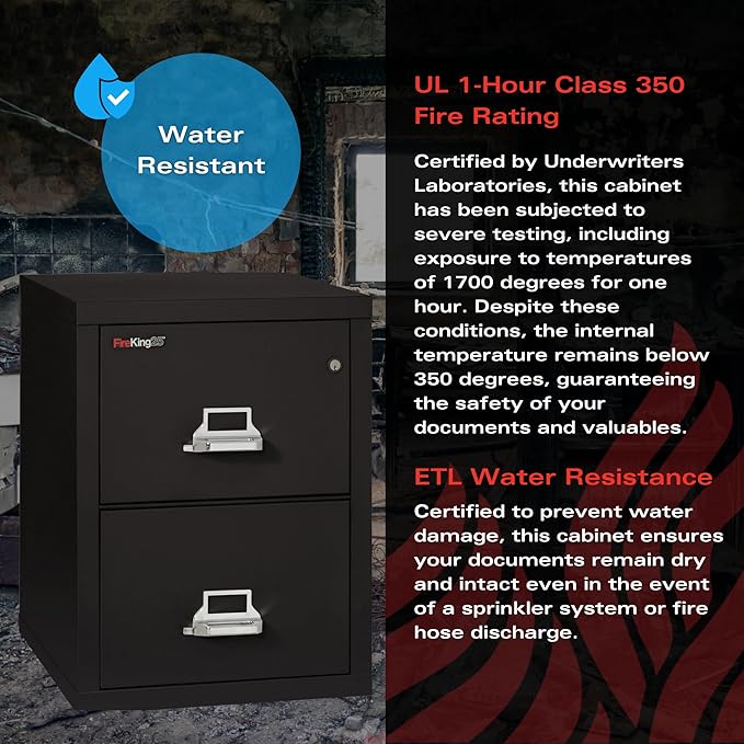FireKing Vertical 2 Drawer Letter Fire Safe File Cabinet with Key Lock, 1 Hour Fire Rated, UL Rated & Water Resistant Home Safe, Made in The USA, Black