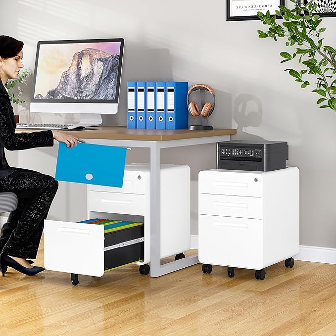 3 Drawer File Cabinet with Lock,Under Desk File Cabinet,White Rolling File Cabinets,Three Drawer Filing Cabinets for Home Office with Wheels,Fit A4/Letter/Legal File,Fully Assembled Except Casters