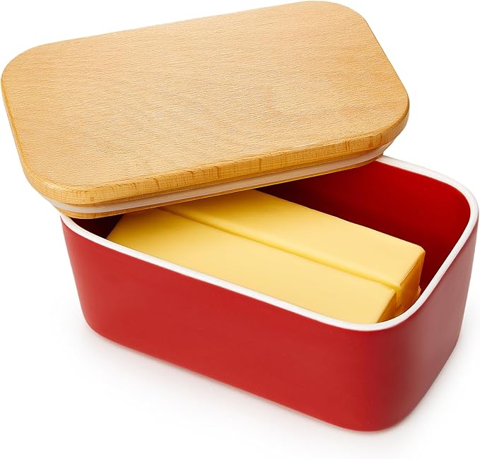 Sweese Large Butter Dish with Lid for Countertop, Airtight Butter Keeper Holds Up to 2 Sticks of Butter, Porcelain Butter Container for Kitchen Decor and Accessories for Kitchen Gift, Red