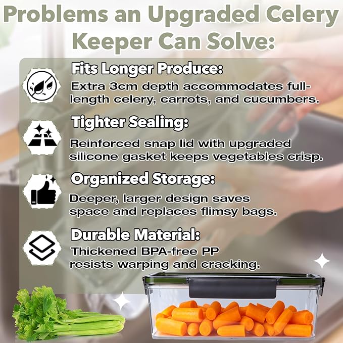 Upgraded Celery Keeper for Refrigerator – 3cm Deeper, BPA-Free Vegetable Storage Container with Reinforced Locking Lid, Durable PP Bin for Fresh Celery, Carrots & Cucumbers
