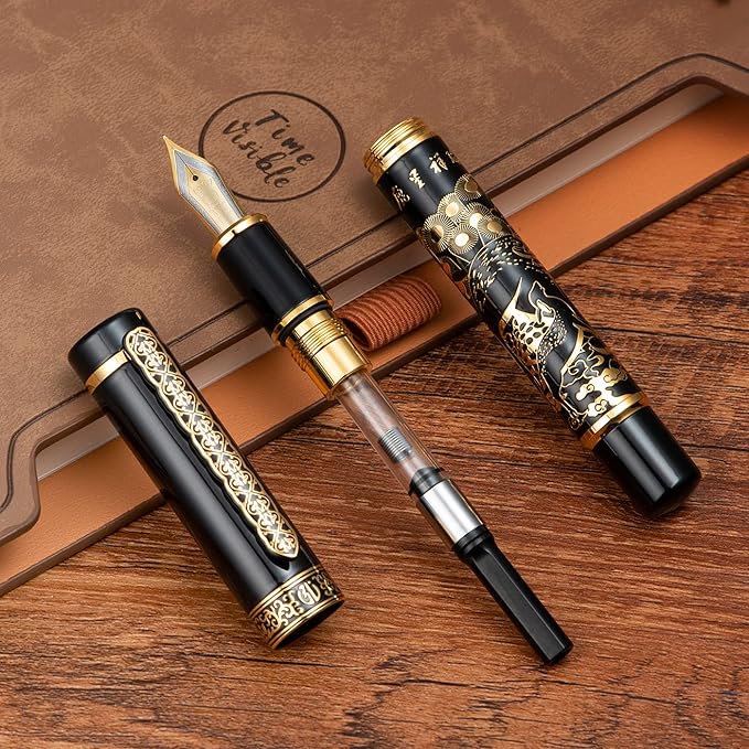 Hongdian 8037 Chinese Classical Fountain Pen, Iridum Extra Fine Gold Nib with Chinese Deer Totem Design, Smooth Writing Pen with Ink Converter and Metal Pen Box Set