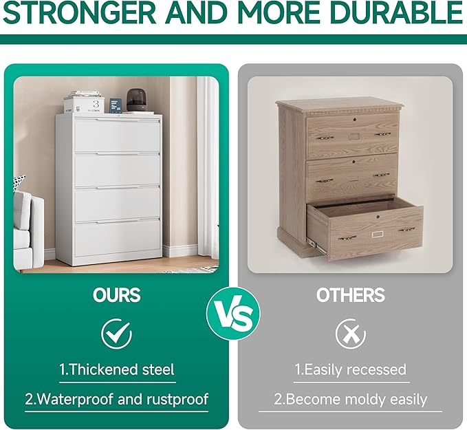 Metal Steel Filling Cabinets for Home Office - 4 Drawer Lockable Lateral File Cabinet for Hanging Files Letter/Legal/F4/A4 Size, Assembly Required - White