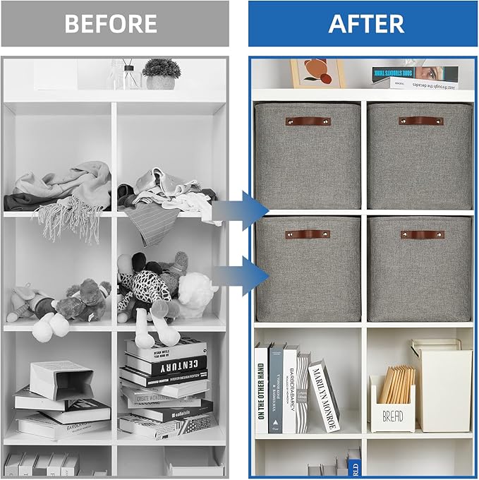 Temary Storage Baskets 13 Inch Fabric Storage Cubes for Shelves Set of 4 Storage Cube Bins for Home, Office, Storage Organizers for Toys with Leather Handles(Grey)