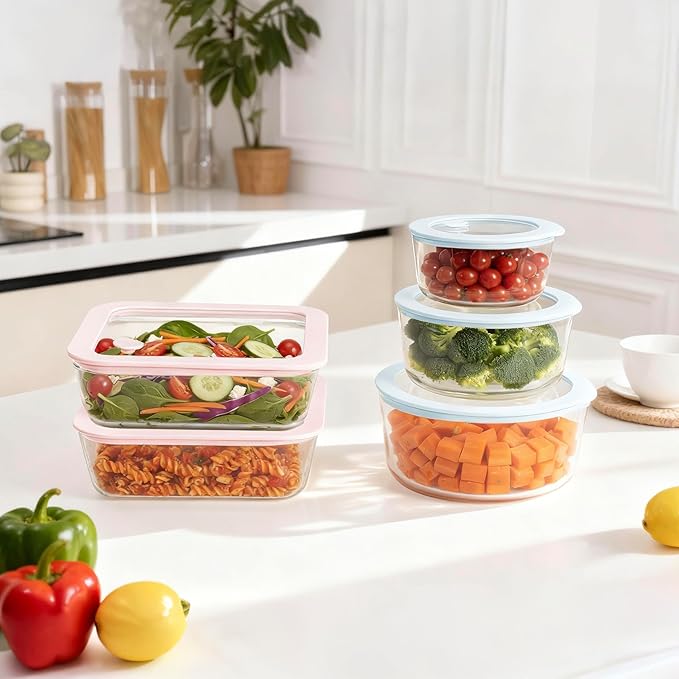 Urban Green Glass Food Container Set with Glass Lid, 5 Pack, Meal Prep Containers with Silicone Framed Airtight Lid, Leakproof, 100% Plastic Free