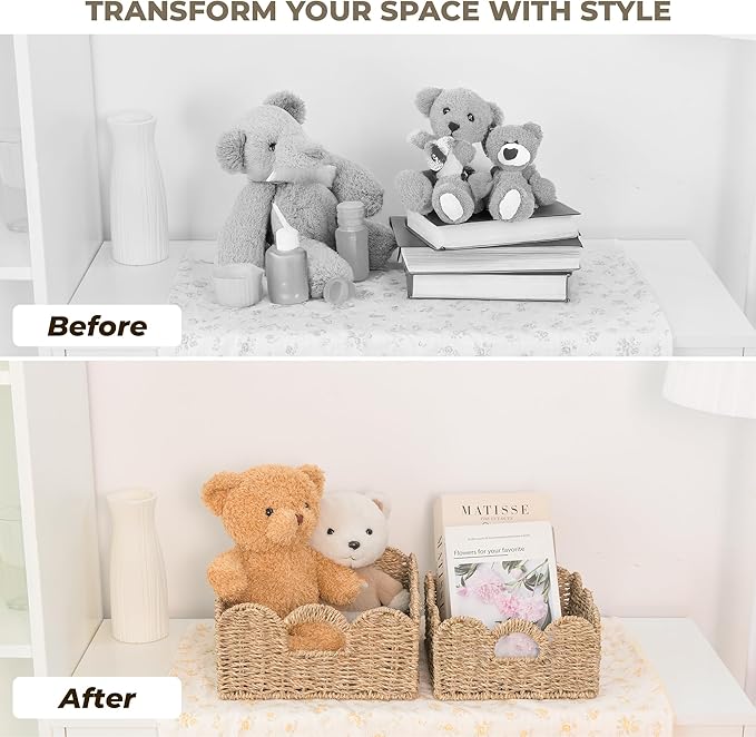 KOKODO Set of 2 Scalloped Wicker Baskets – Handwoven Rectangular Seagrass Storage Baskets with Lid and Handles for Organizing, Living Room & Shelf Décor – Decorative Rattan Organizing Bins