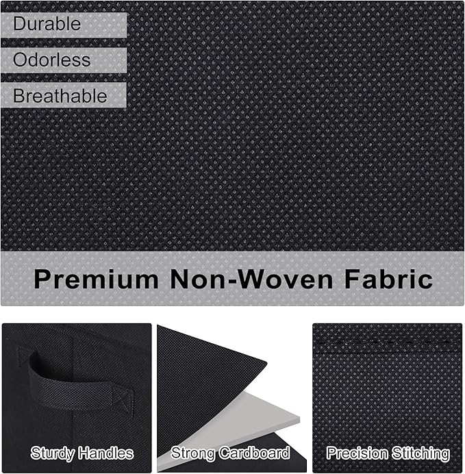 WUIKE Trapezoid Storage Bins with Handles, Fabric Closet Storage Baskets for Organizing Clothes, Purse, Sheets, Blankets, 11" L x 11" W x 8" H, 3-Pack, Black