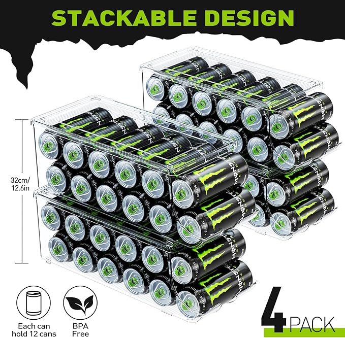 4 Pack Tall Skinny Can Organizer for Refrigerator, Stackable Large Soda Cans of 16oz & 17oz Beverage Energy Drink Container Holder Dispenser with Lid for Fridge, Clear Storage Plastic Bins
