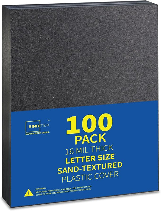 Binditek 100 Pack 16 Mil Sand-Textured Polycover - Plastic Binding Cover for Letter Size - Business Reports and Proposals - Lightly Sanded Finish - Square Corners, Un-Punched, Black
