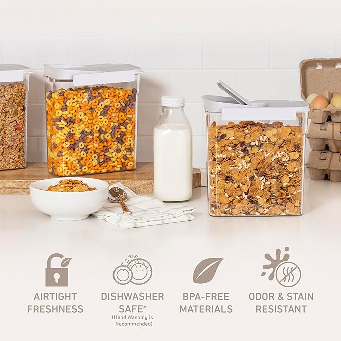 Bentgo Pantry - 6-Piece Airtight Cereal Containers, Easy Push & Pour Lid, Stackable & Clear BPA-Free Storage, Locking Lids for Freshness – Ideal for Kitchen & Pantry Organization (Snow)