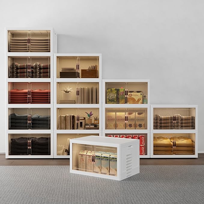 JOYMOOP Folding Storage Bins Organizer, 84 Quart Collapsible Storage Box with Wheels and Door, Stackble Plastic Storage Container for Clothing, Books and Sundries (XXL, 21 Gal, 1 Tier)