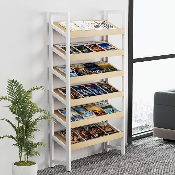 6-Tier Floor Standing Magazine Rack, Modern Literature Display Stand, Heavy Duty Steel Display Shelf with 38° Slant & 2.75" Lip, for Office/Airport/Bookstore/Library, 39"L x 12"W x 71"H (White)