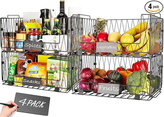 4 PACKS XXL Kitchen Organization and Storage Pantry Baskets, Fruit & Vegetable Basket for Kitchen Cabinet, Stackable Wire Baskets for Snack Chips Onion Potato Cans