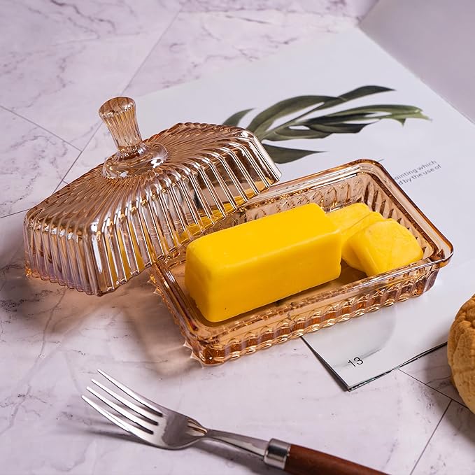 Glass Butter Dish with Lid for Countertop, Champagne Color Striped Crystal Covered Butter Holder Tray Container