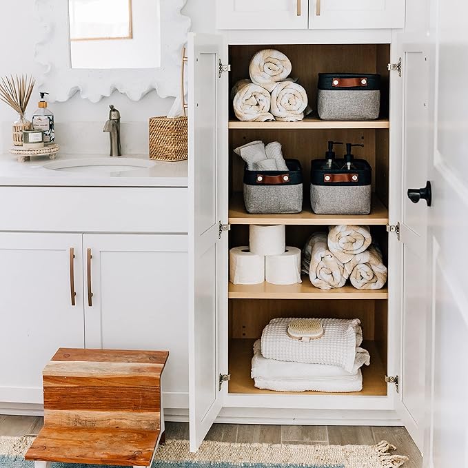 OrganiHaus Small Fabric Storage Baskets for Shelves 3 Pack, 12x08in Closet Storage Bins for Shelves, Canvas Baskets for Organizing, Linen Closet Organizers, Cloth Basket, Gray/Black