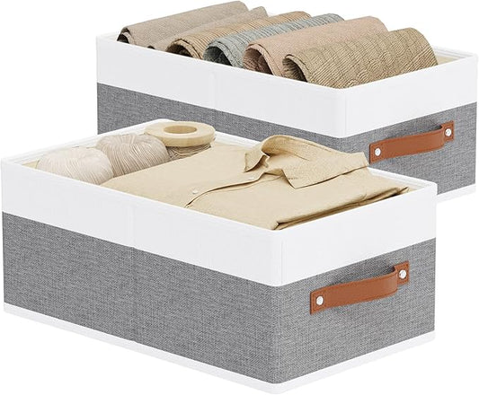 Storage Baskets, 16.1 × 9.8 × 6.5 Inch Drawer Organizers with Handles, Fabric Storage Bins for Organizing Shelves, White and Grey, 2-Pack