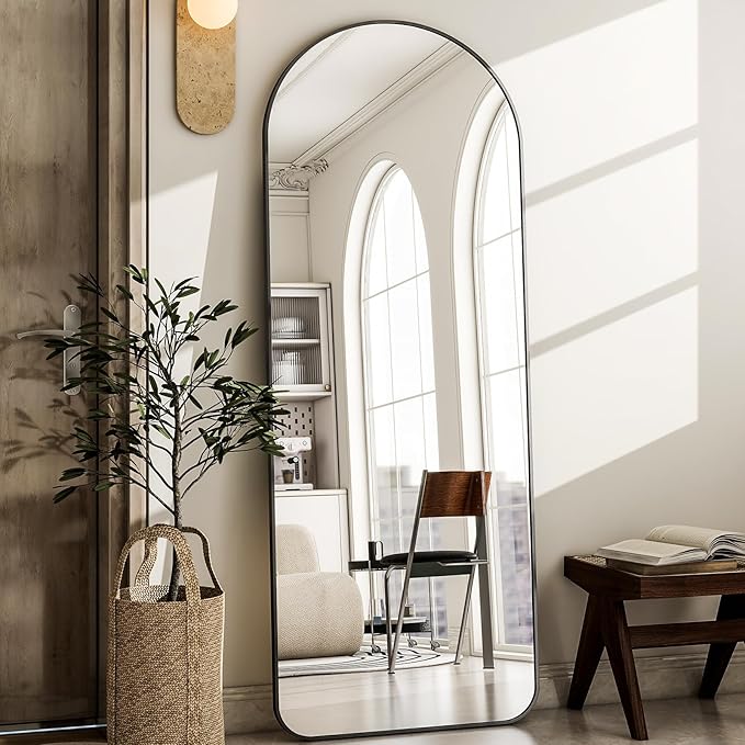 HARRITPURE Arched Full Length Mirror - 64" x 21" Large Floor Mirror Aluminum Frame Dressing Mirror with Stand for Bedroom/Living Room Wall Mounted, Black