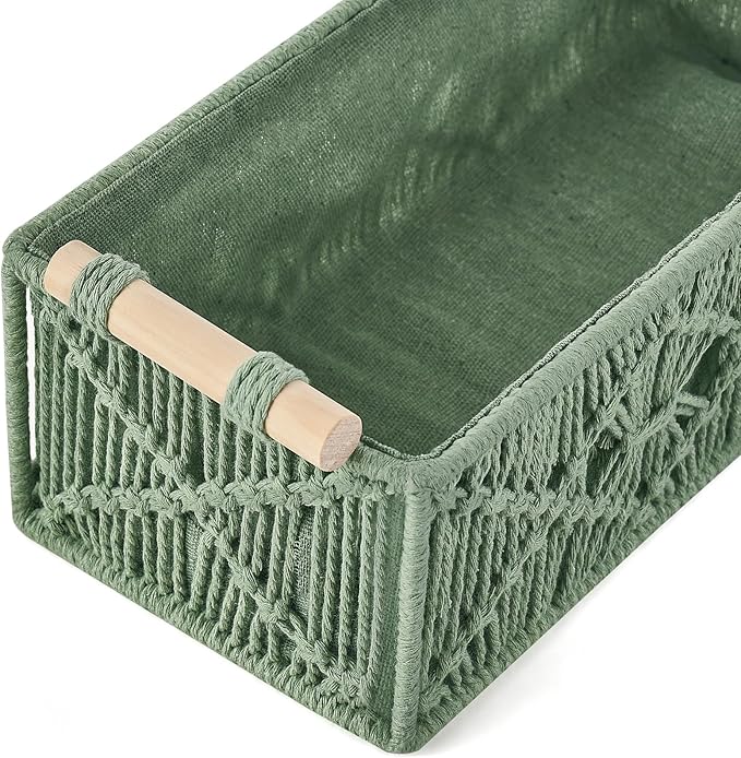 Mkono Macrame Storage Baskets Boho Decor Box Handmade Woven Decorative Countertop Toilet Tank Shelf Cabinet Organizer for Bedroom Livingroom Home, Set of 2, Green