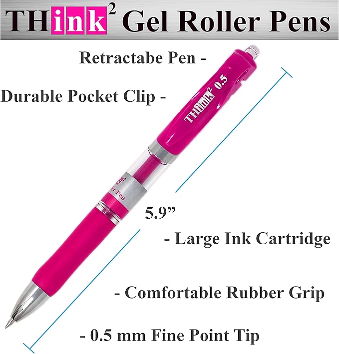 THINK2MASTER [24 Pens - Pink Ink] Think2 Retractable Gel Pens. (24 Pink) Fine Point (0.5mm) Rollerball Pens with Comfort Grip.