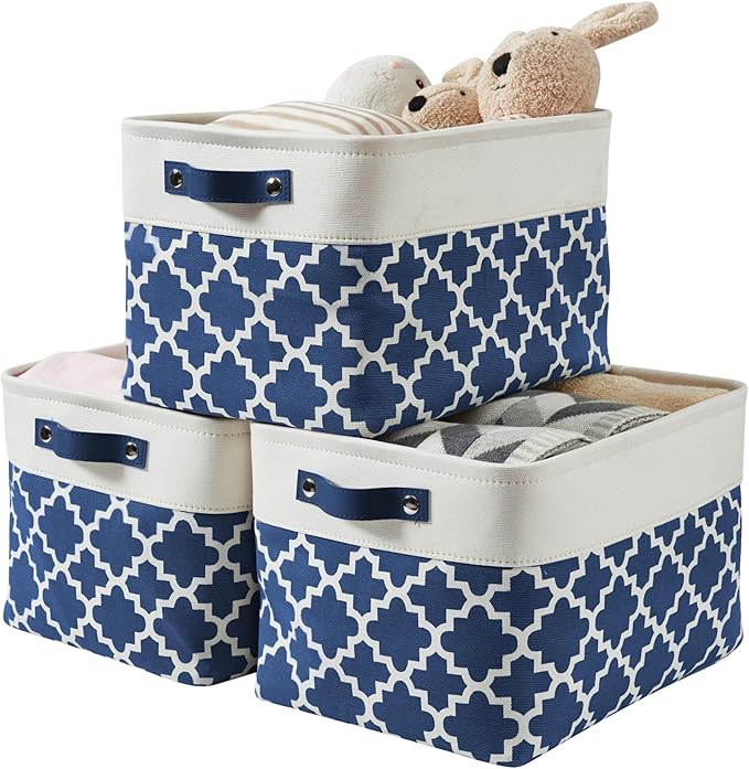 DECOMOMO Blue Storage Bins Fabric Storage Baskets for Shelves, Linen Closet Organization Toys Nursery (Blue Patterns, Large - 3 Pack)
