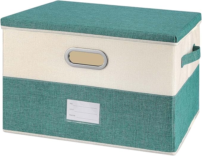Large Linen Fabric Foldable Storage Bins with Removable Lid and Handles, Washable Storage Box Organizer Containers Baskets Cube with Cover for Bedroom,Closet,Office (Turquoise&Cream, Large)