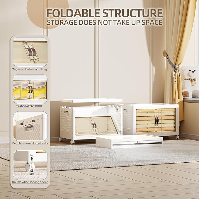 68 QT / 17 Gal Extra Wide Foldable Plastic Cabinet with Double Magnetic Doors & Leather Handles - Stackable, 4 Locking Wheels, Space Saving Storage for Small Spaces