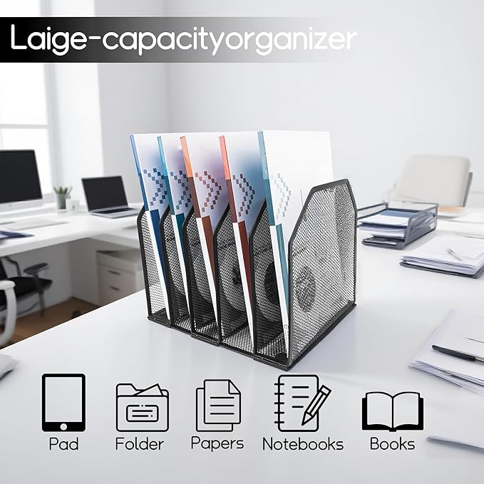 Adjustable Desk File Organizer,Detachable Office Folder Organizer,Compact Vertical Desk File Holder,Wrought Iron Paint,Suitable for Home, School, Office Classrooms (Black - 5 grids)