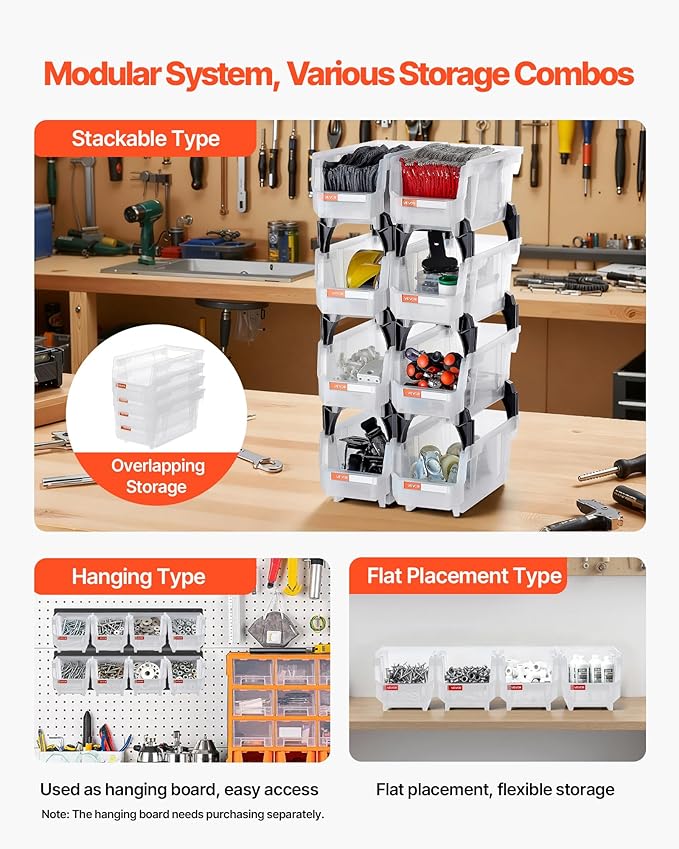 VEVOR Plastic Stackable Storage Bins, 10.9 x 5.5 x 5.1 inch (8 Pack), Plastic Containers for Organizing & Storage Bins for Closet, Garage, Small Parts, Office Supplies, Other Accessories, Transparent