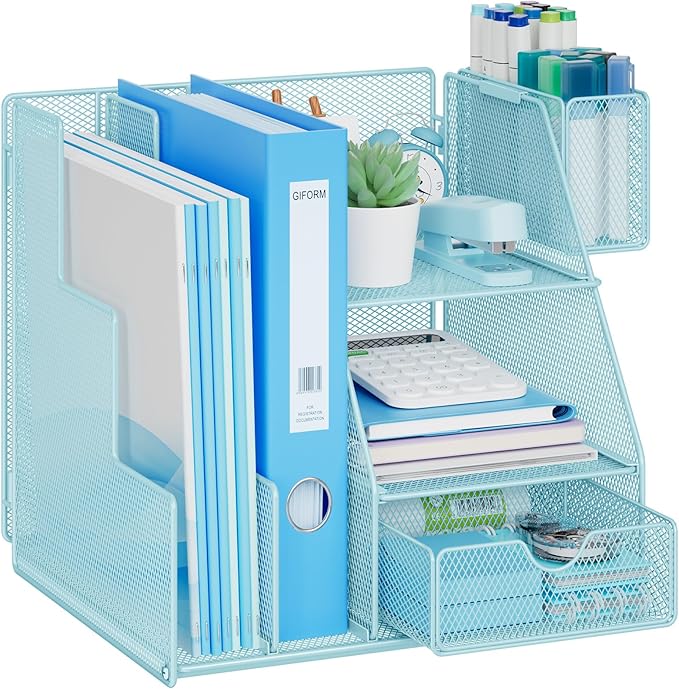 Marbrasse Desk Organizer and Accessories, 3-Tier File Organizer with Drawer and Pen Holder, Small Desktop Organizer and Storage for Workspace Office Supplies Blue