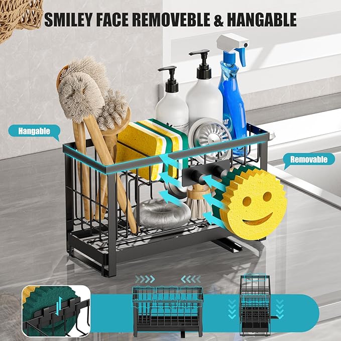 Sponge Holder for Kitchen Sink with Flexible Sponge Holder Smiley Face,2 Tier Kitchen Sink Organizer Countertop and Storage Essentials,Soap Dispenser Organize,Home Decor Accessories-Black