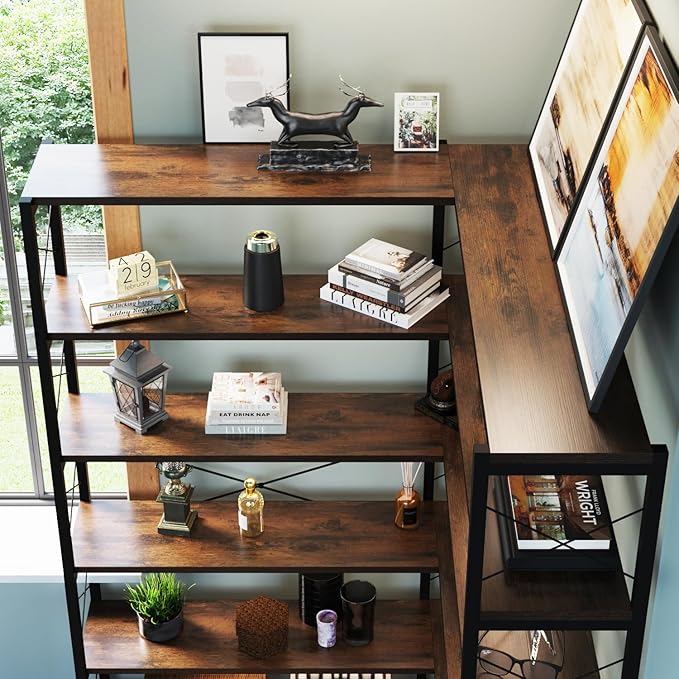 6-Shelf Corner Bookshelf, Vintage Industrial L Shaped Bookshelf Etagere Bookcase, Corner Shelf with Metal Frame Open Storage Rack Corner Book Shelf for Home Office Living Room (Retro Brown)