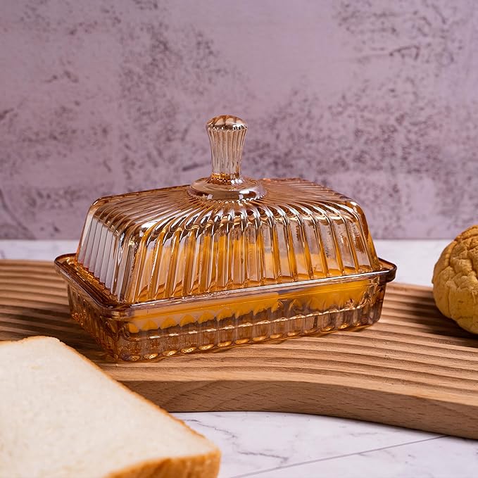 Glass Butter Dish with Lid for Countertop, Champagne Color Striped Crystal Covered Butter Holder Tray Container