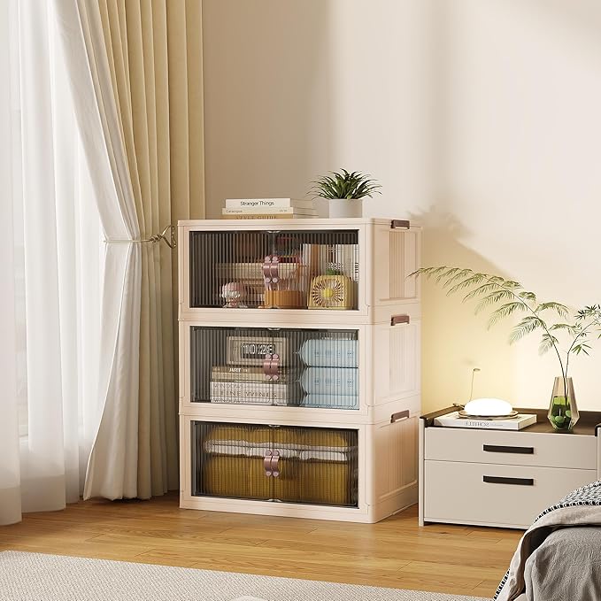 SAILUN 87Gal/348Qt Stackable Storage Bins Folding Collapsible Storage Bins with Lid, Closet Organizers and Storage Beige 26" W x 17" D x 43.7" H